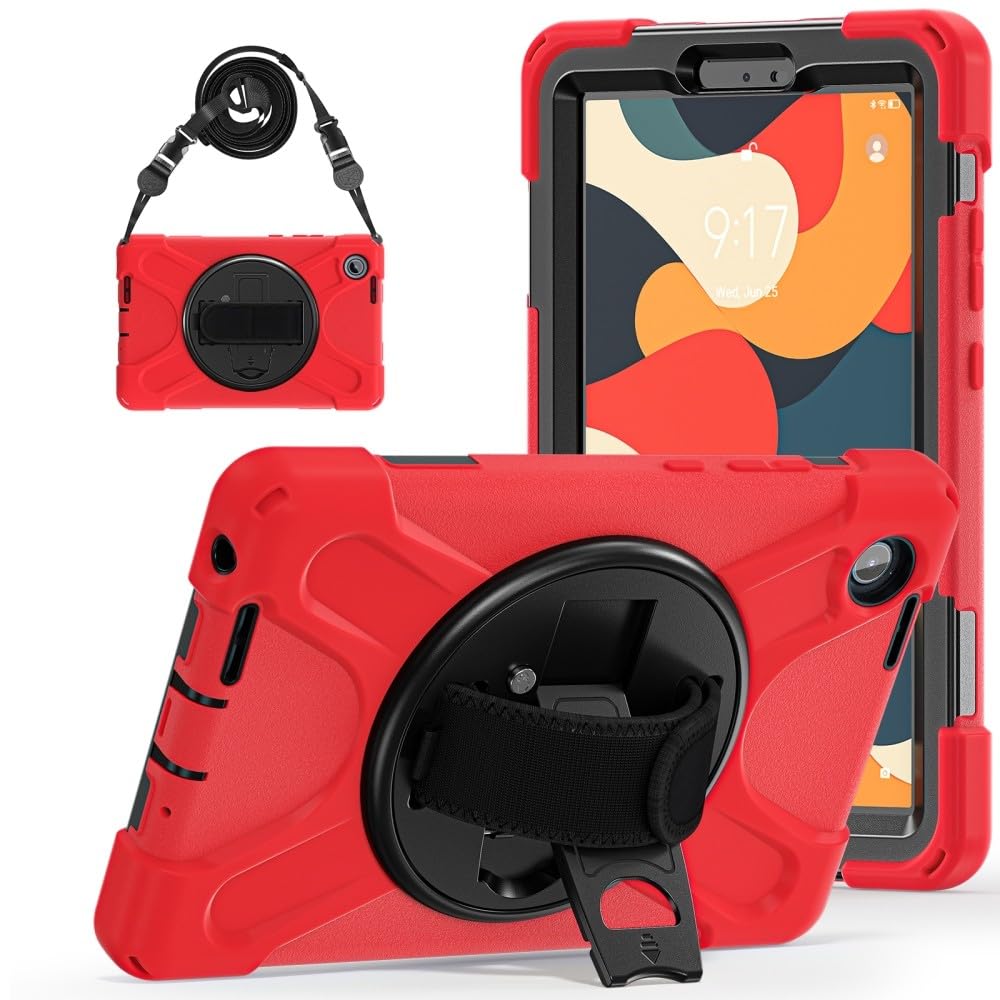 Generic Custodia compatibile con Lenovo Tab K9 TB305FUXU 2025 8,7 pollici (colore: rosso) antiurto custodia completa supporto custodia rigida in silicone con tracolla
