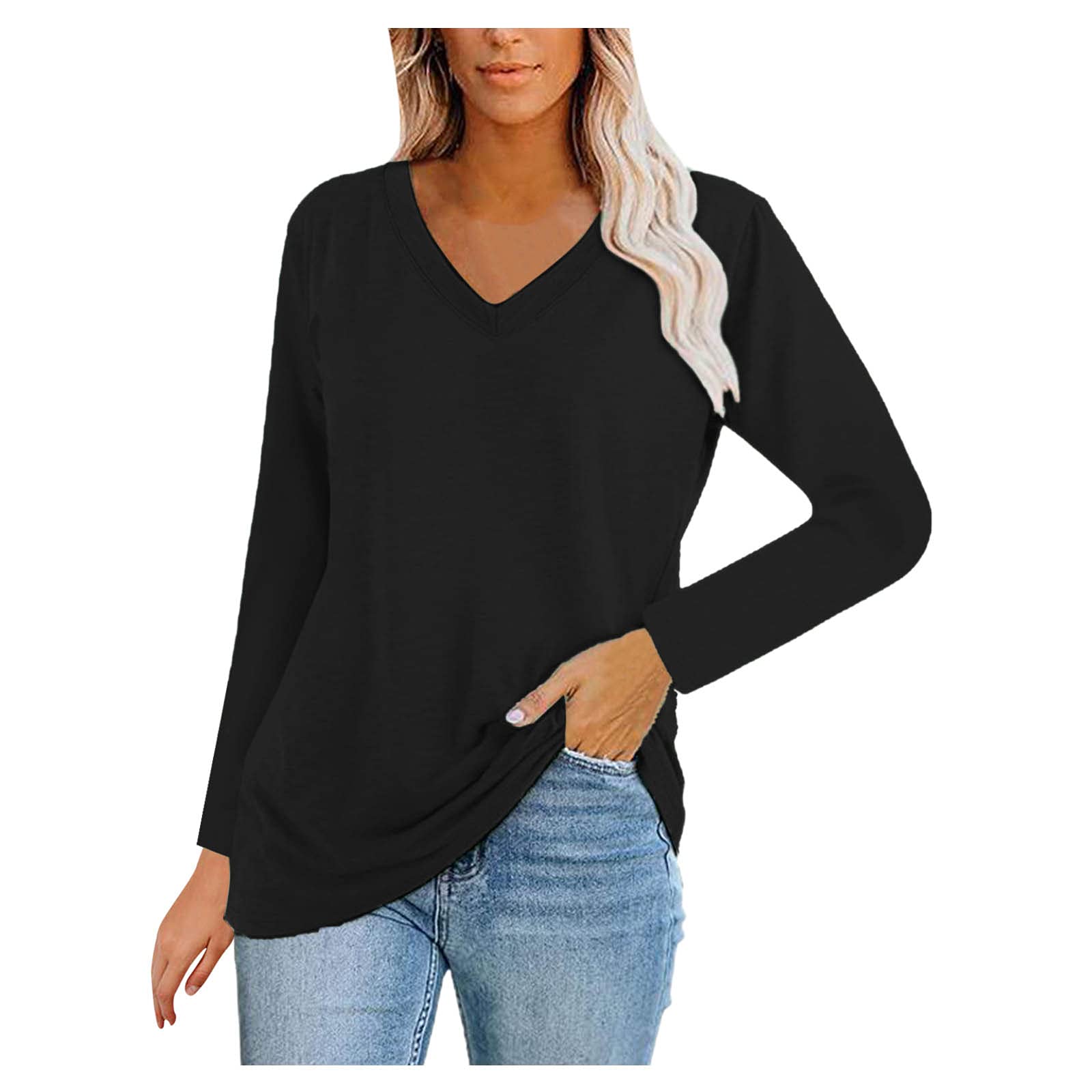 Women's V-Neck Long Sleeve Tunic Loose Blouses Casual Pullover Elegant Tops Plain Vintage T-Shirt Lightweight Breathable Sweatshirt Sports Training Shirt