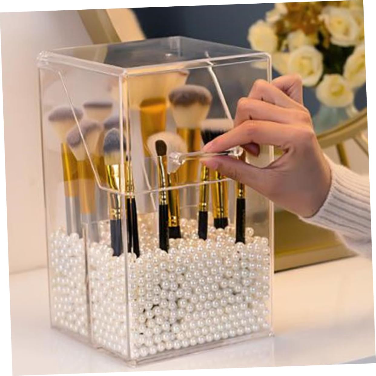 Organizer da Scrivania in Acrilico Trasparente con Perline Bianche, Porta Matite per Sopracciglia e Porta Pennelli Make-up, Custodia Cosmetica Pratica per Ufficio