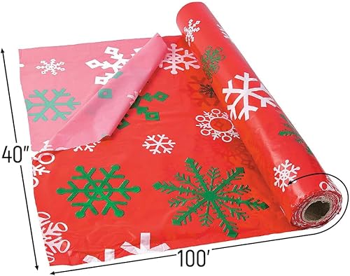 Miniatura 3 de Fun Express Rollo de mantel estampado de copo de nieve rojo para Navidad (100 pies de largo y desechable) suministros de fiesta