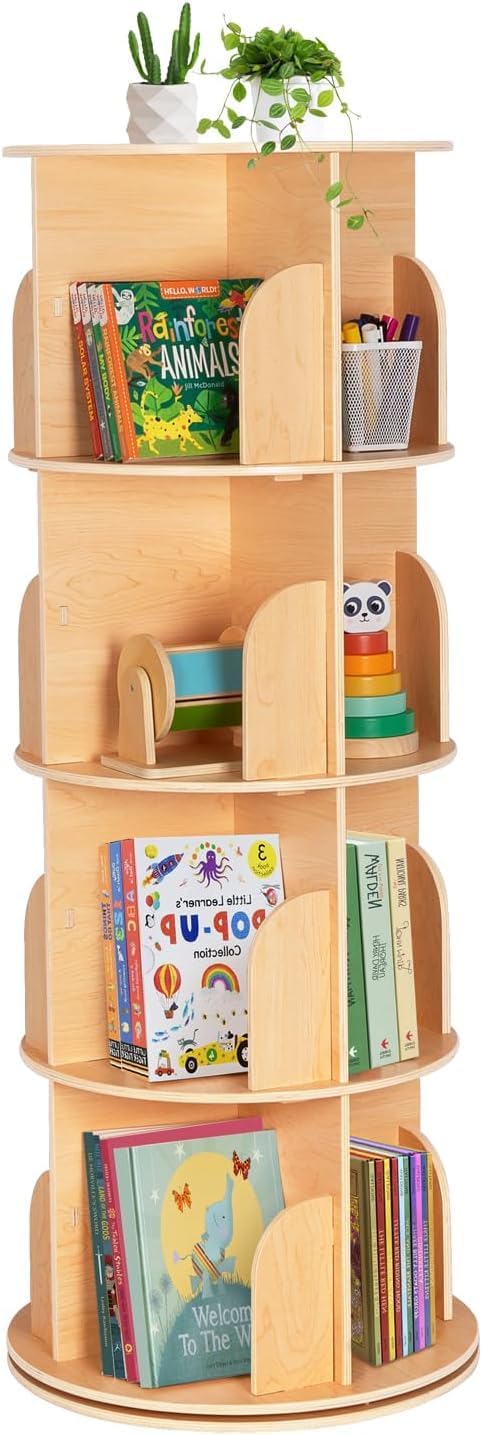 Rotating Bookshelf Kids, 360 Display 4 Tier Spinning Bookshelf Tower Stackable Solid Wood Book Shelf Rotating, Revolving Bookcase Floor Standing Bookcase Storage Display Rack, Gifts for Teens and Kids