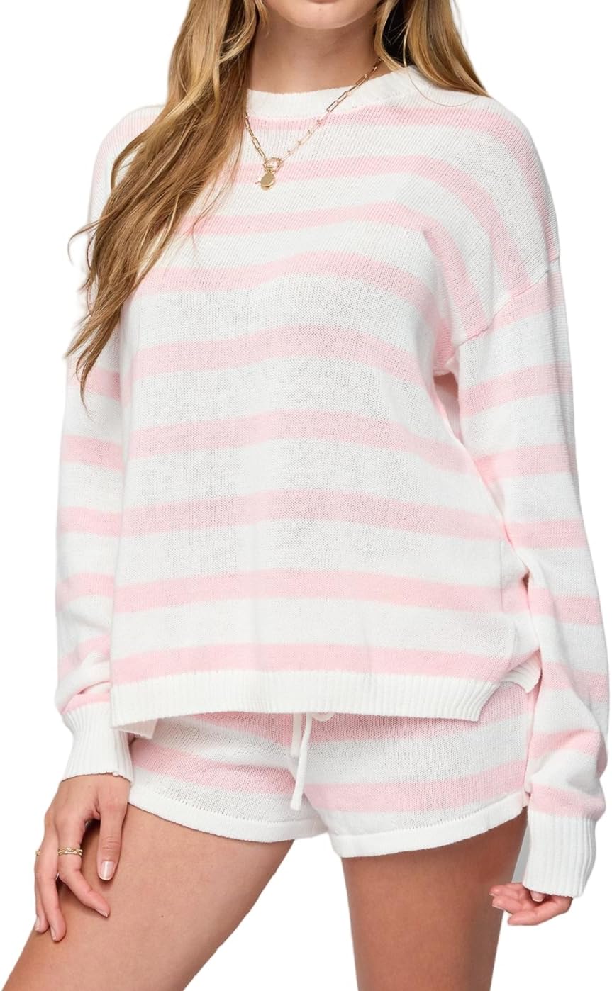 NUFIWI Women Striped Knit Sweater Set 2 Piece Outfit Oversized Long Sleeve Sweater and Shorts Matching Lounge Sets
