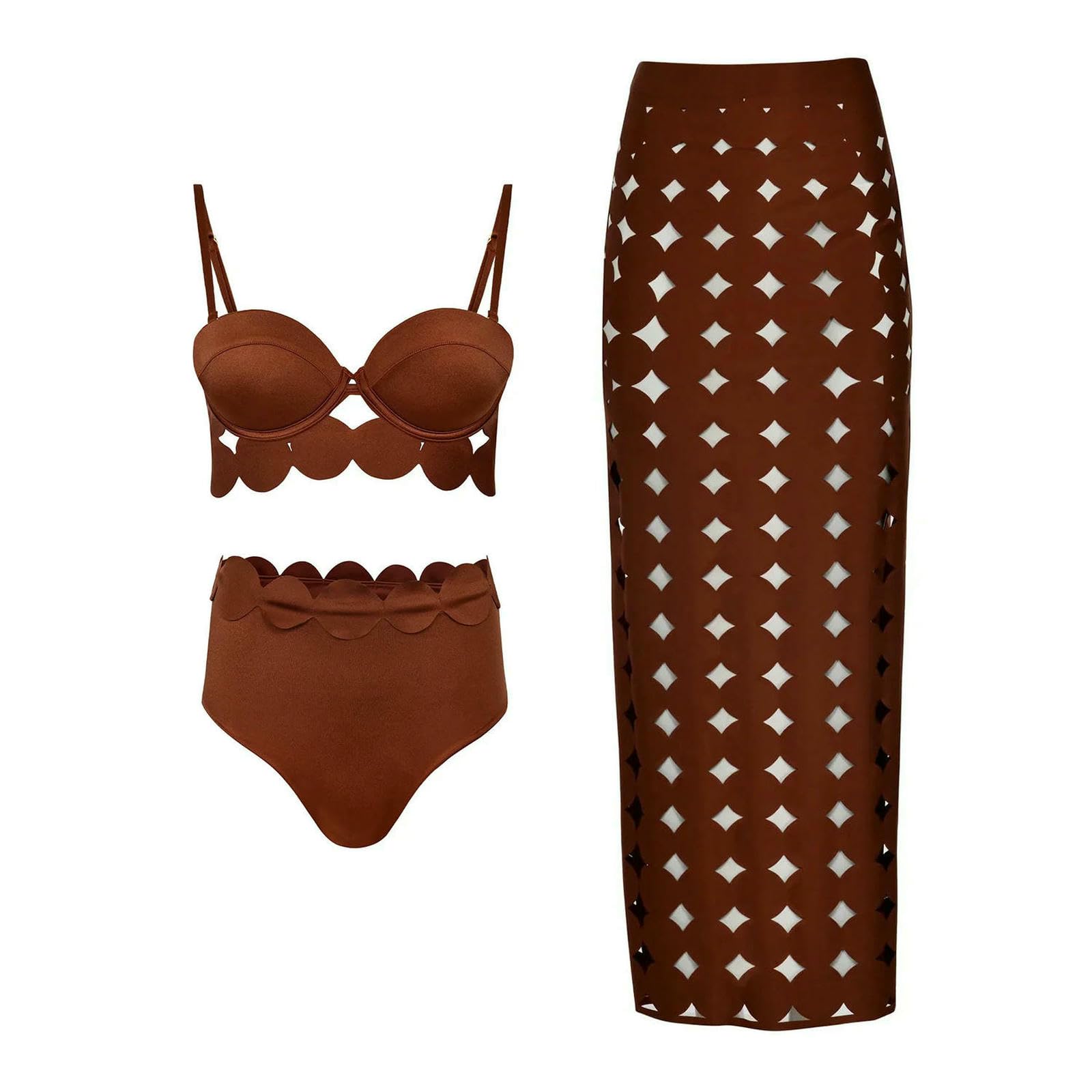 Bikini 3pcs Femmes Sexy Pousser Maillot De Bain Haute Taille Femme Creux Body Plage-Ensemble Brun-m