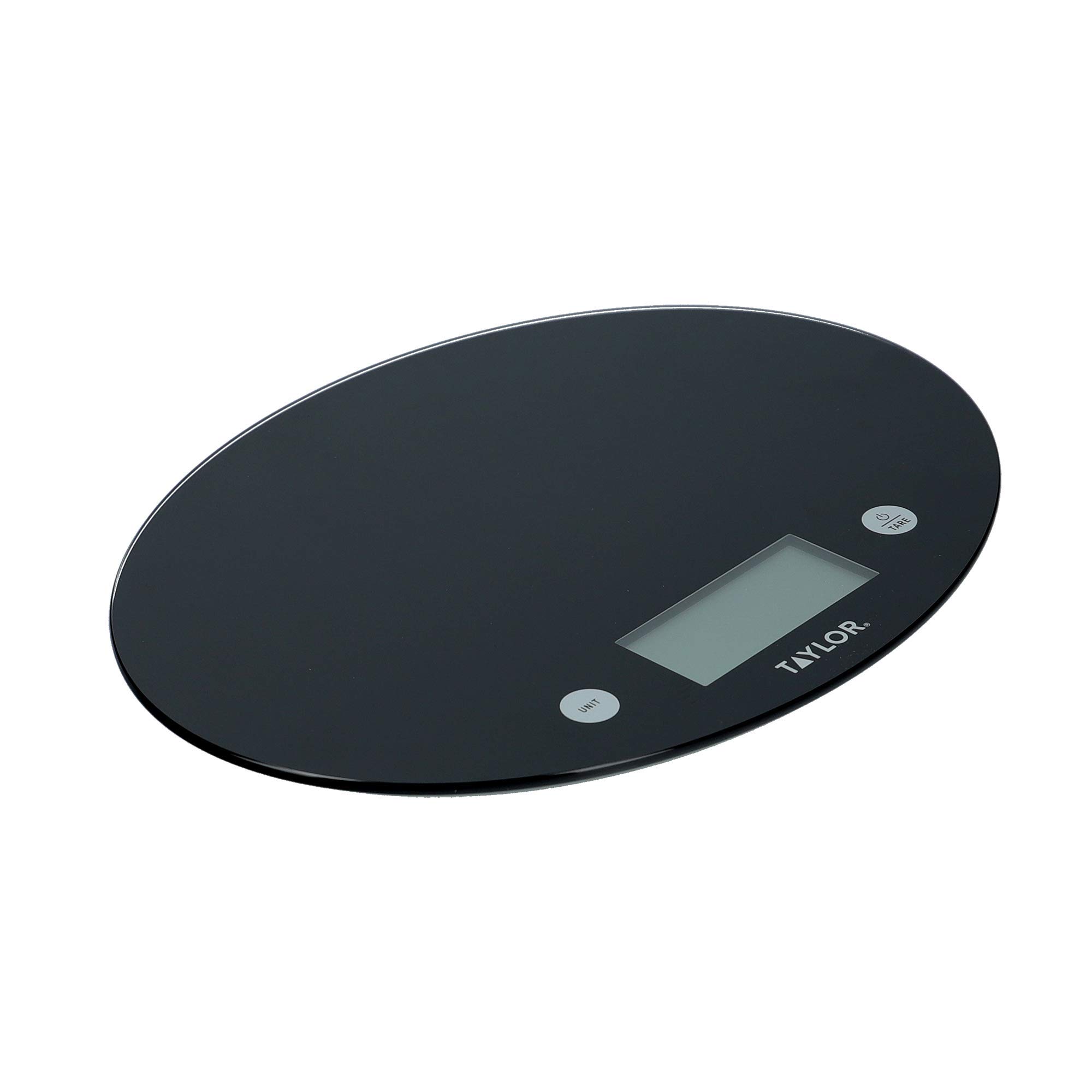 Taylor Balanza Digital de Vidrio de Cocina de Diseño Ultrafino y Redondo, Compacta, Función de Peso con Tara de Nivel Profesional con Alta Precisión, Negro, 5 kg de Capacidad