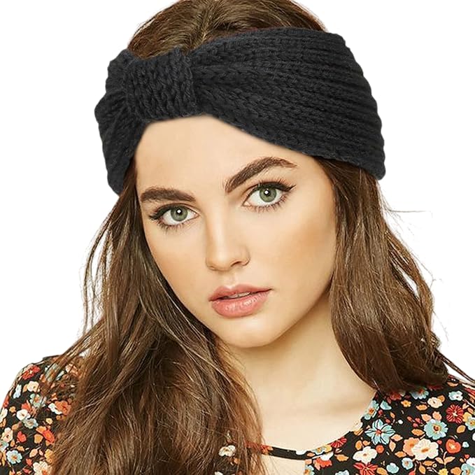 Winter Headband for Men and Women Head Wrap Soft Fleece Knitted Woolen Warm Hair Band Unisex Acrylic Skull Stretchy Earwarmer Earmuffs Hair Accessory (Black)-image-28