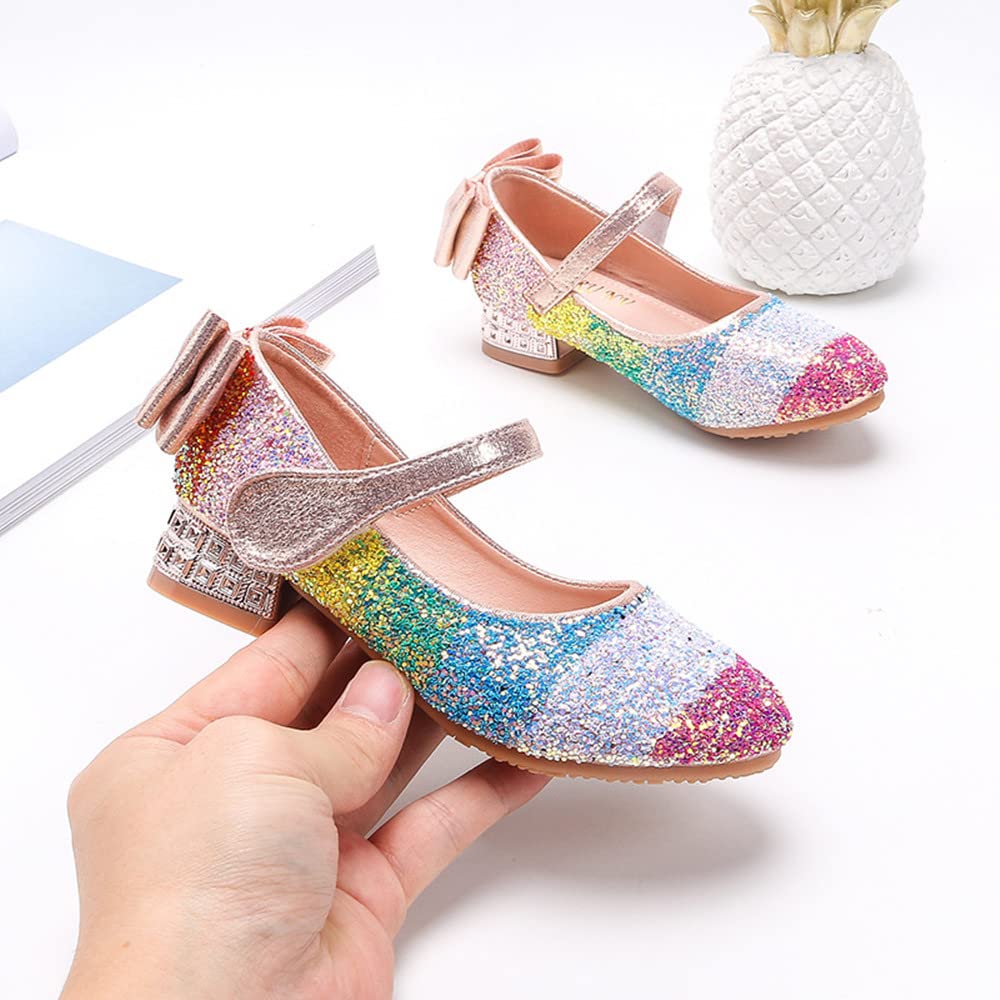 Little Girls Rainbow Sequin Dance Shoes Children Crystal Heels Single Shoes (Pink,12.5)