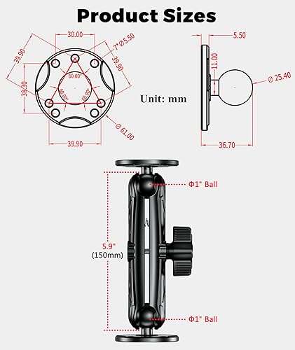 Miniatura 4 de VAZESWIN Soporte de dispositivo electrónico de aleación de aluminio con placas redondas de bola de 1 pulgada, soporte para tablet de brazo largo de