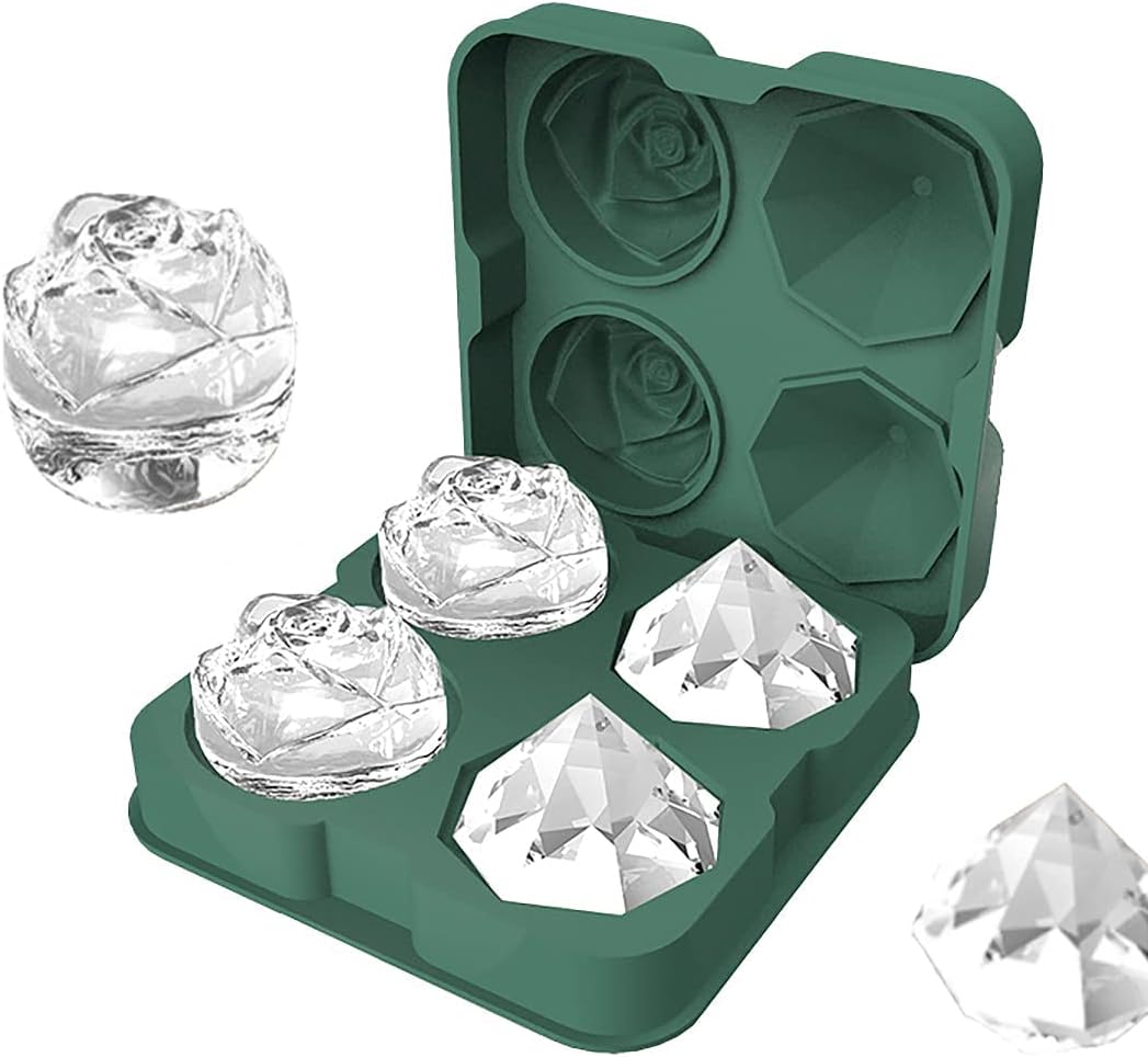 Ice Cube Tray, Ice Cube Molds, 2 Cavity Silicone Rose & 2 Diamond Ice Ball Maker, Easy Release 2.5inch Large Ice Cube Mold (green)