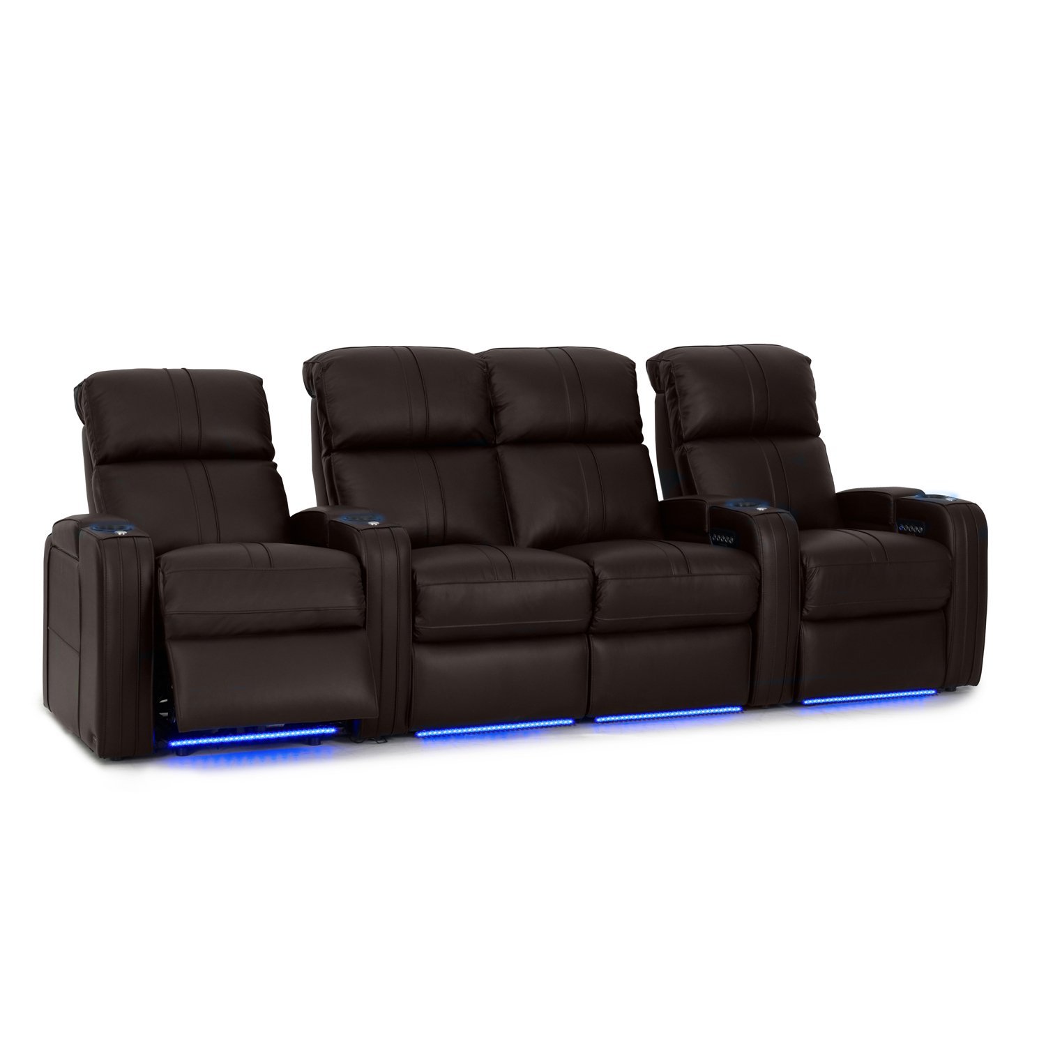 Flash HR Series Home Stadium Seating - Black Top Grain Leather - Power Recline - Motorized Headrest - Lighted Cup Holders (Row of 4 Center Loveseat, Brown)