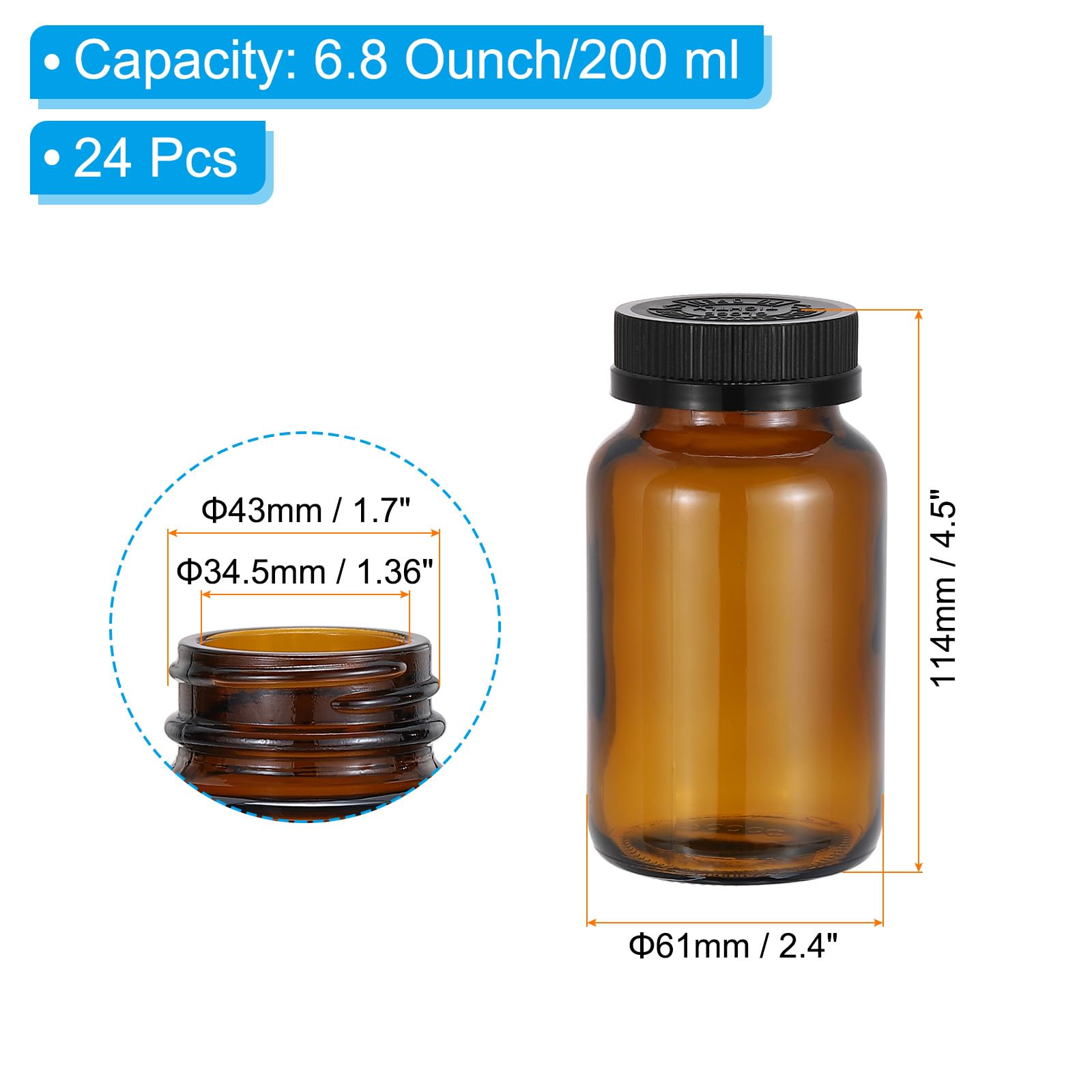 PATIKIL 6.8oz/200ml Glas Packer Flaschen 24Stk Runde Weithalsflaschen Mit Schwarzem Rippendeckel Für Reagenzien Flüssigkeiten Ätherische Öle Parfüm Bernstein