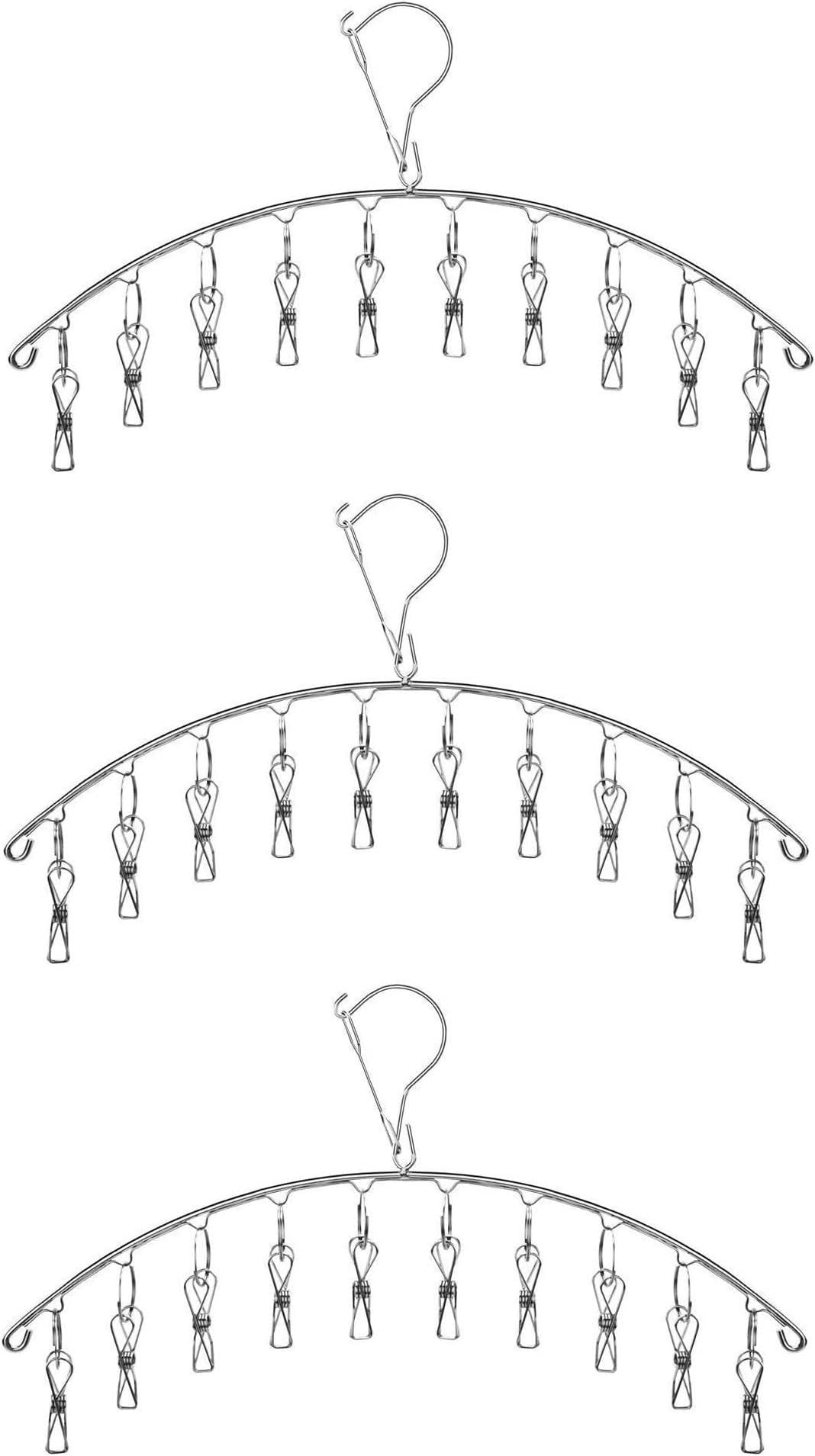 3 Pack Stainless Steel Laundry Drying Rack Clothes Hanger with 10 Clips for Sock, Underwear and Small Item Accessory