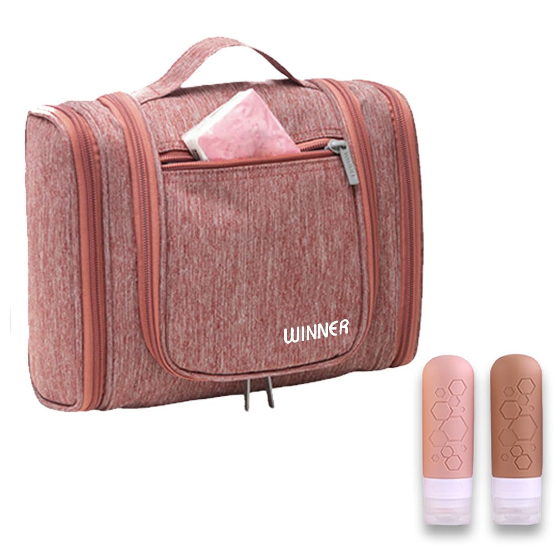 KinzzeMa Neceser de Viaje Unisex (9 litros de Capacidad), Neceser Organizador Impermeable y 2 Botes de Silicona Rellenables a Prueba de Fugas, Bolsa de Aseo para Colgar con Gancho, Botes de Viajes 90ml (Rojo)