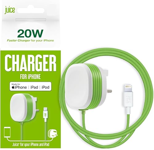 Juice 20 Watt PD iPhone 12 Mini Pro and Max | Apple Lightning Mains Charger | Fast Charge Your iPhone and iPad | Apple MFI Certified | Compact Design with Sure Grip Technology | 1.5m Integrated Cable