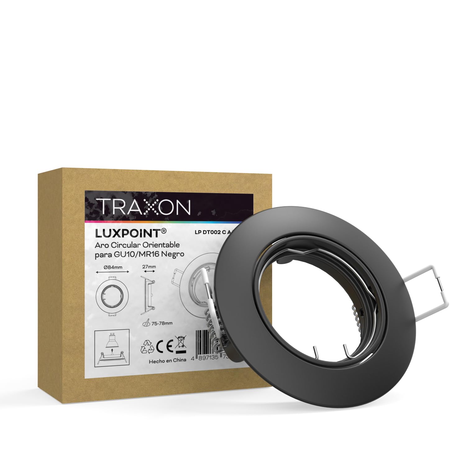 TRAXON LUXPOINT® Aro Circular Orientable DT002 para bombilla LED GU10 Marco de Bombilla Aluminio Corte techo Ø75mm (Negro, Pack 10 und)