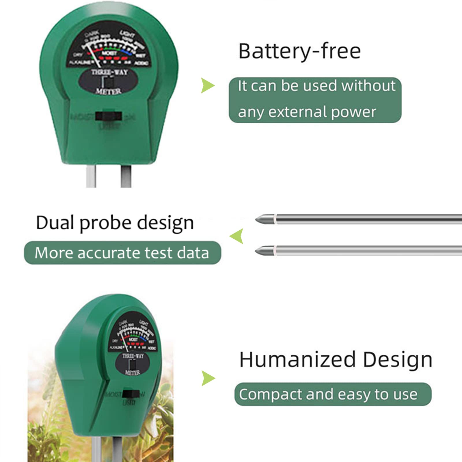 Misuratore PH Terreno 3 In 1 - Tester Umidità, PH E Luce Per Piante Con 3 Spatole - Foto 2