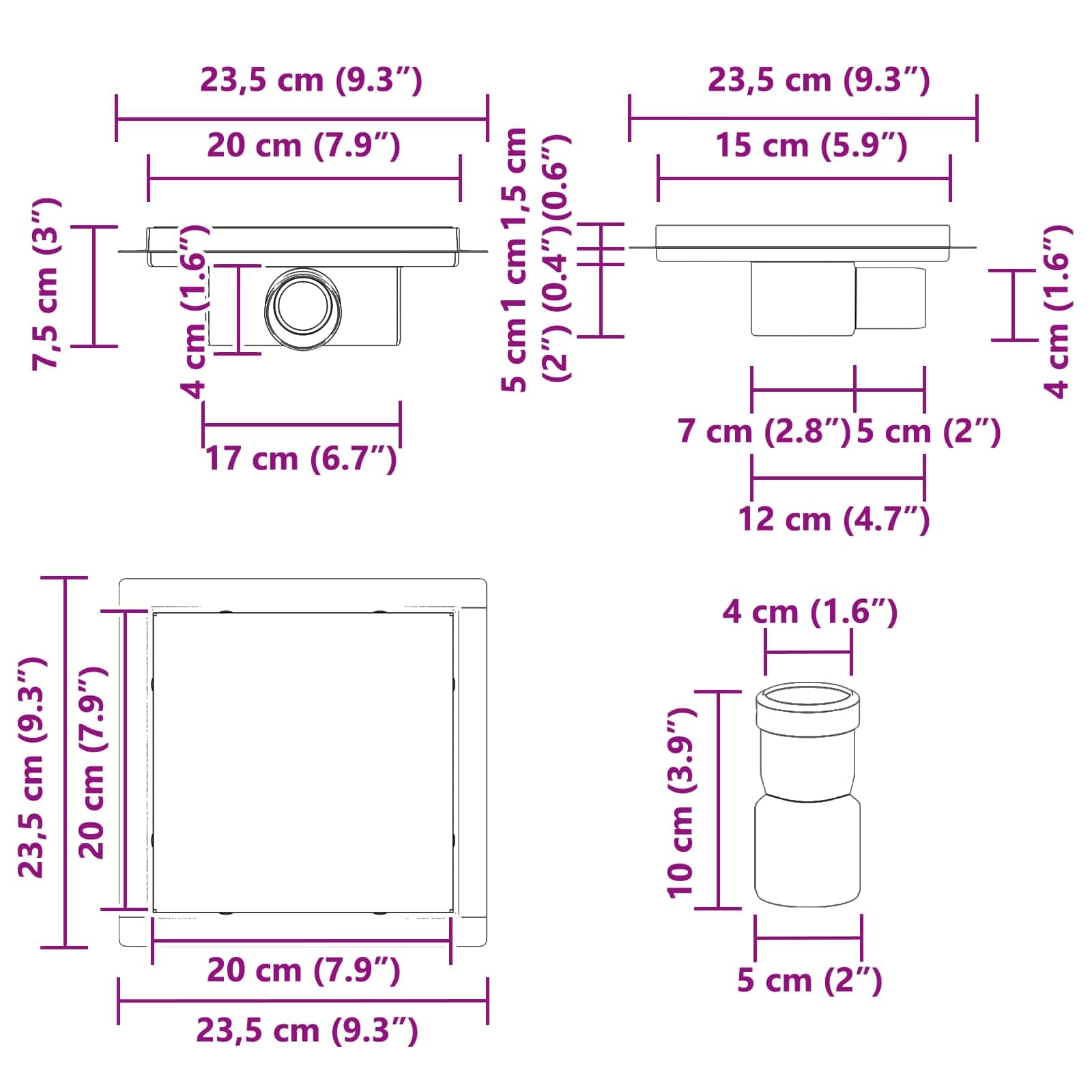 Ducha 2 en 1 plata acero inoxidable 304 20 x 20 cm con tapón antiolores y protección contra obstrucciones, incluye colador, válvula, tapón, sifón universal para ducha, bañera, lavabo, cocina
