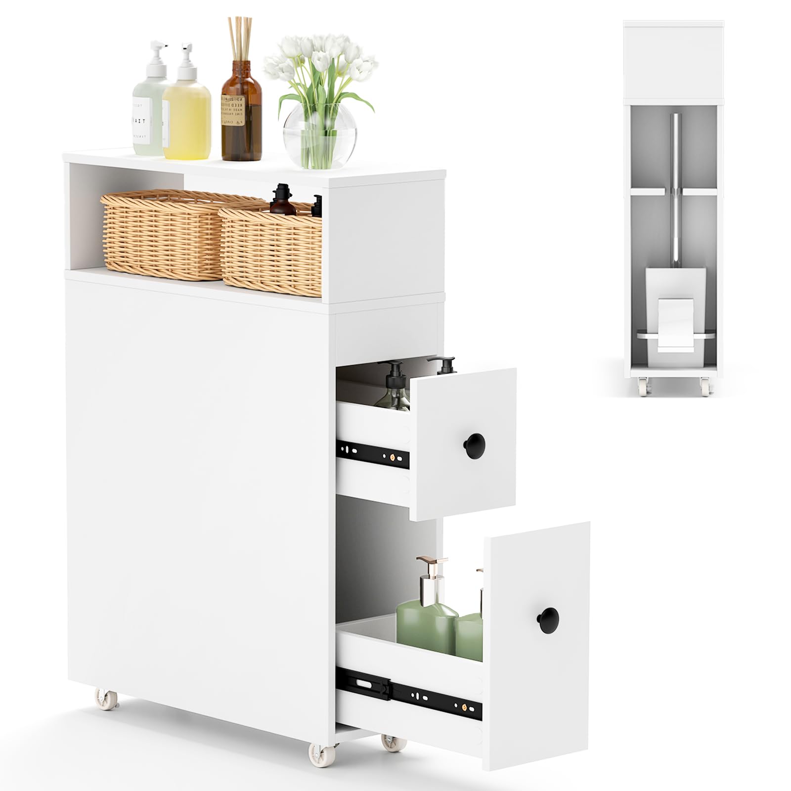 LOKO Slim Bathroom Storage Cabinet with Wheels, Narrow Toilet Side Cabinet with Drawers, Removable Storage Baskets, Toilet Brush Holder, Movable