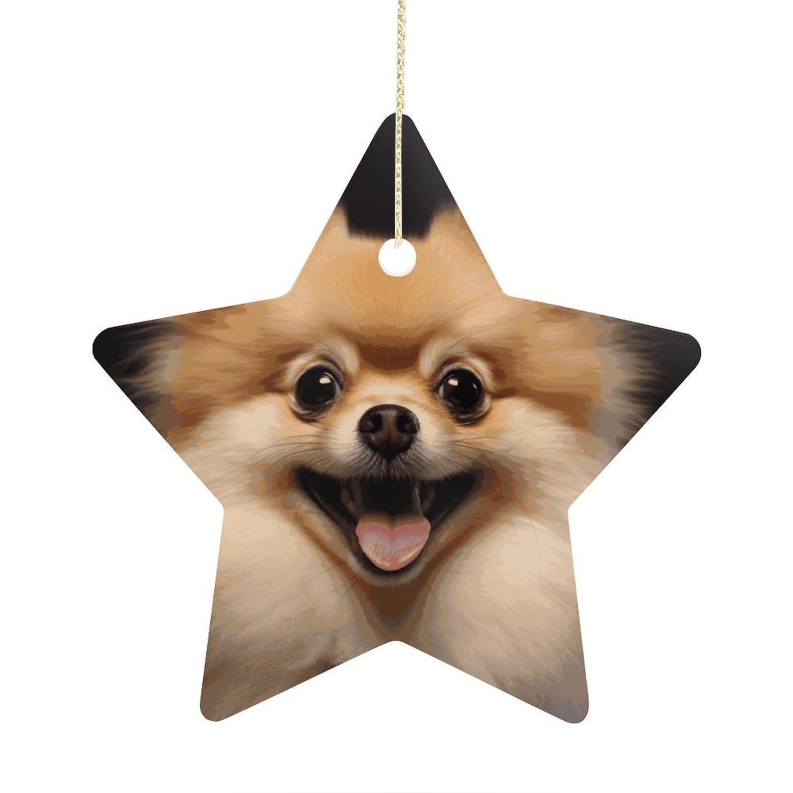 Happy Short-haired Pomeranian Stars Ornaments Ceramic Christmas Tree Hanging Light in Weight Christmas Star Pendants Funny Double-Sided Printed Xmas Ornaments for Gifts