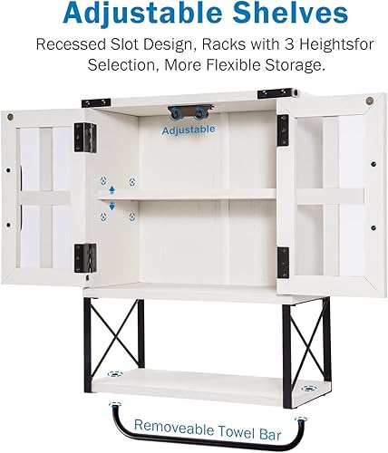 Miniatura 6 de RUSTOWN Botiquín de granja con puertas cruzadas de cristal, gabinete de almacenamiento de pared de madera, armario de baño rústico de 3 niveles con