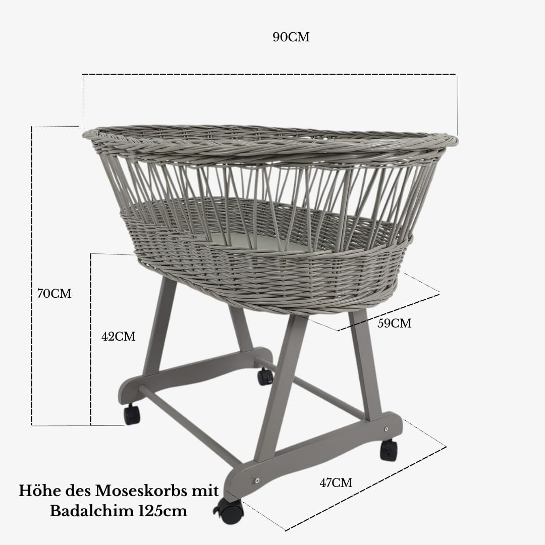 kosz Mojżesza z baldachimem Lena – wózek wiklinowy z wikliny ze stelażem – kosz dla niemowląt w kolorze szarym, kompletny zestaw z 5-częściową pościelą waflową z jeżem i przyjaciółmi, szary