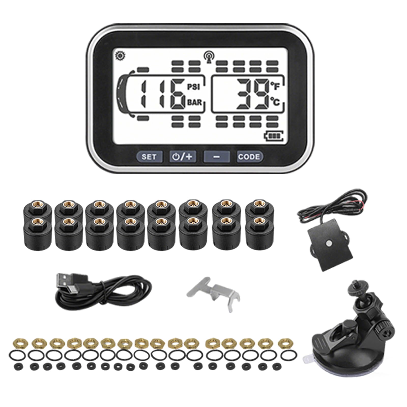 4,5" Solar TPMS, 0-199psi Hochpräzisionssensoren, RV-Zubehör für Anhänger, Wohnmobile – Reifendruck- und Temperaturmonitor（16 Sensors）