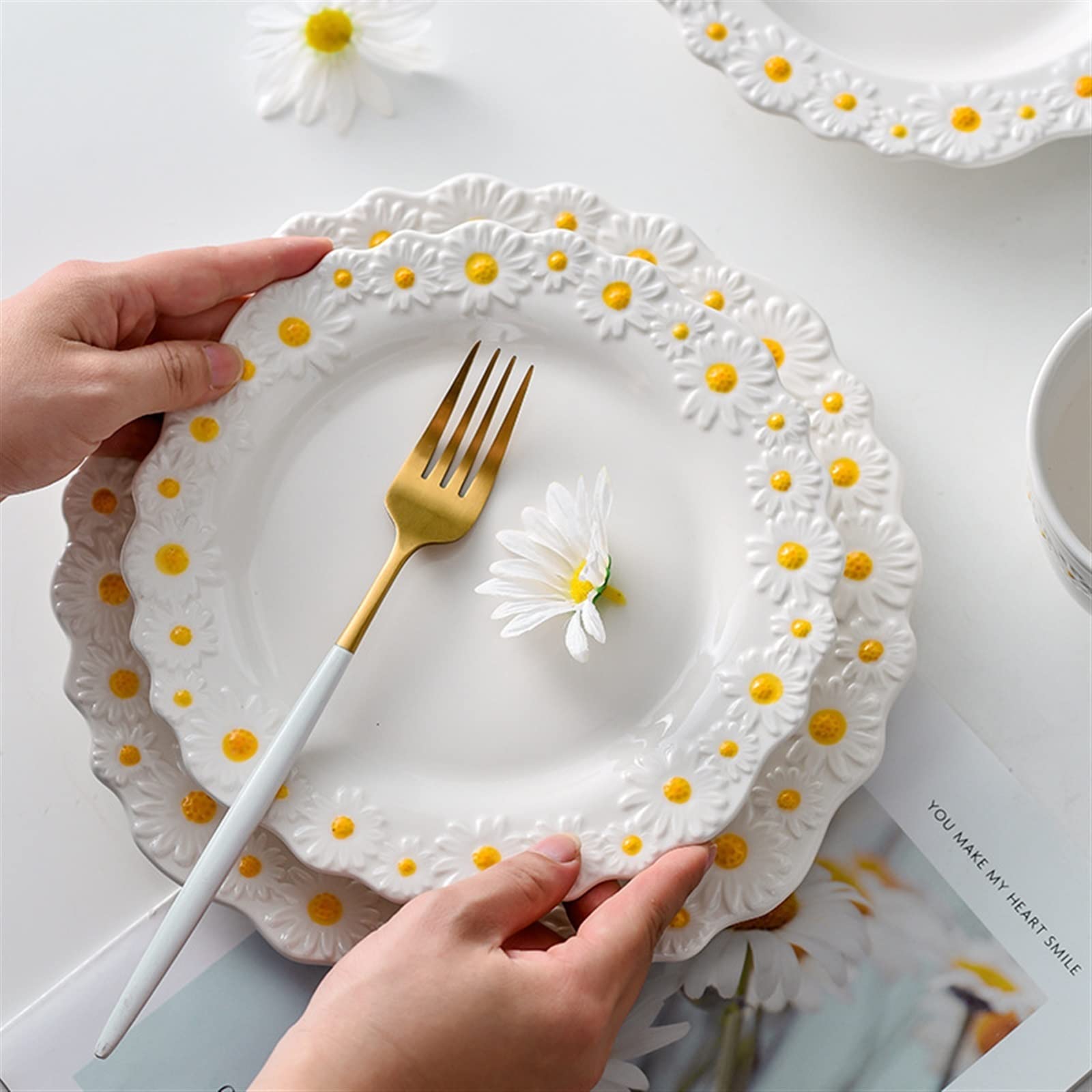 CDAXPWZO Porcelain Plates,Floral Dinner Plates,8 Inch Ceraic Dessert