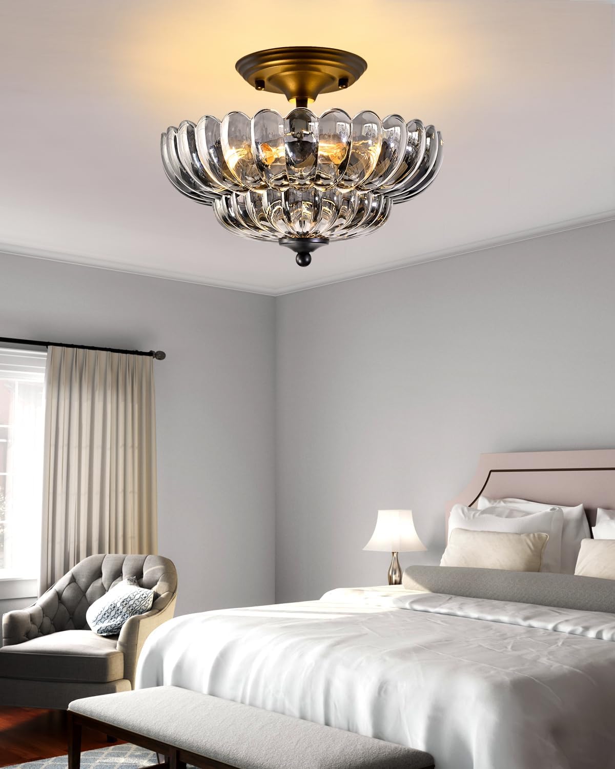 3-Light Corridor Fixture Semi-Recessed Ceiling Light Smoked Glass Modern Lighting Suitable for Bedrooms, Kitchens, Entryways, Bathrooms