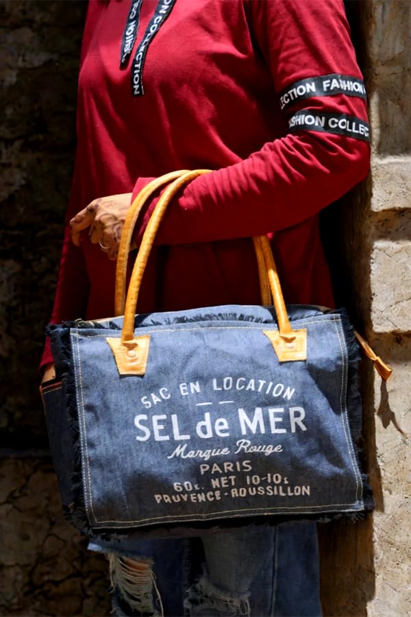 Bolso tote de lona reciclada y cuero 10X13 pulgadas miniatura 2