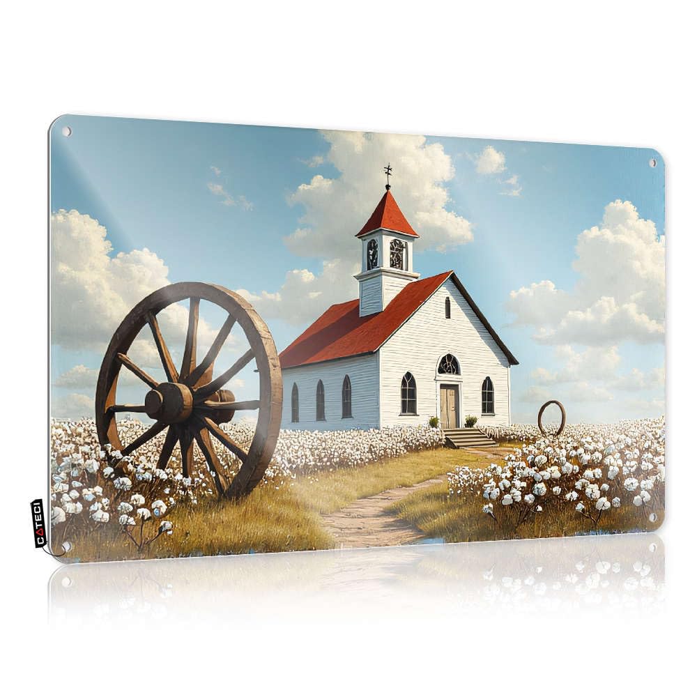 Sujd Colour Statue Slow Cool Wall Art - A Quaint White Church With A Red Roof Stands Amidst Blooming Cotton Fields Affirmation Rustic Wall Hanging(20X30cm)