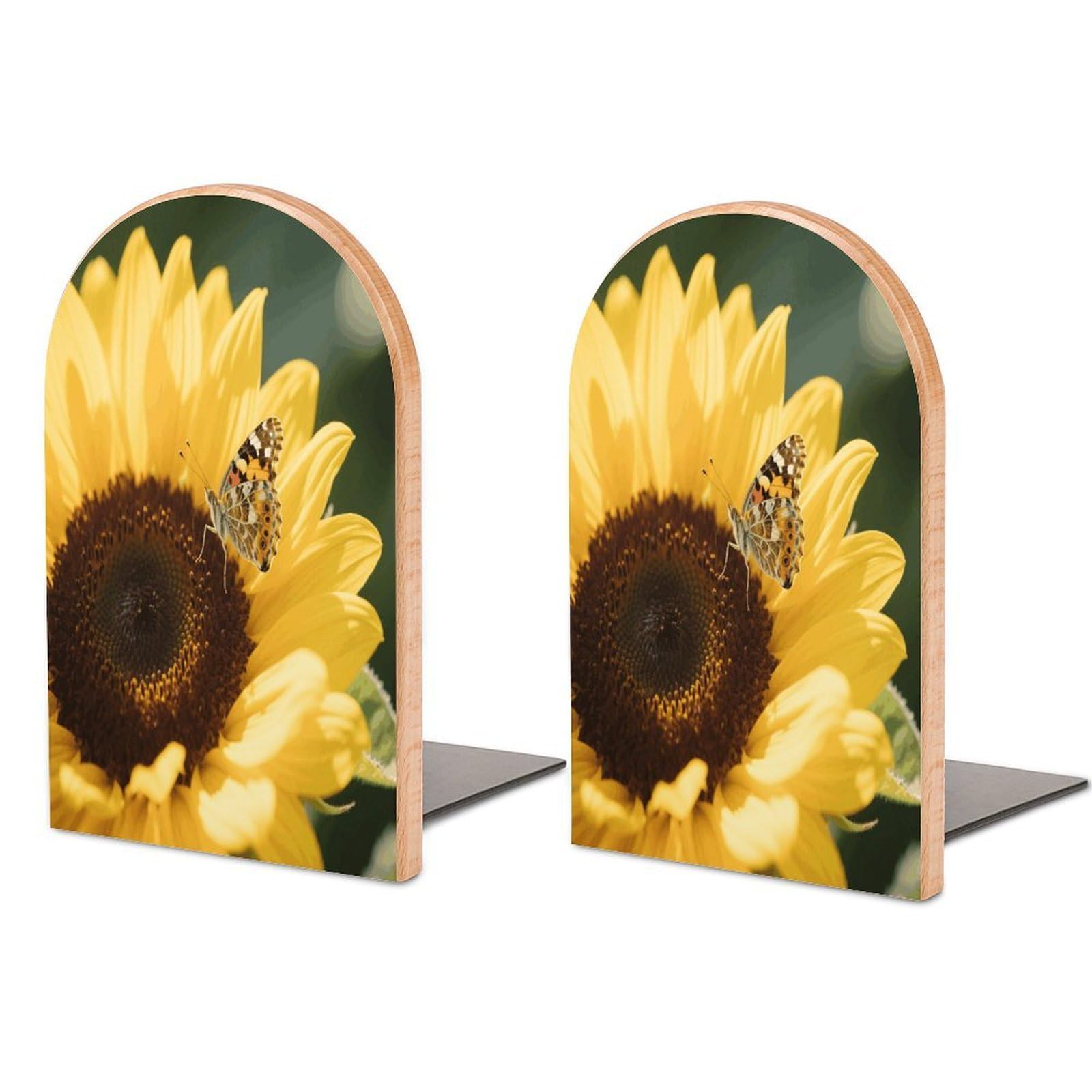 Sunflower Bookend Modern Non-Skid Bookends Heavy Duty Wooden Book Stopper Support for Heavy Books Book Organizer for Home Office Supplies