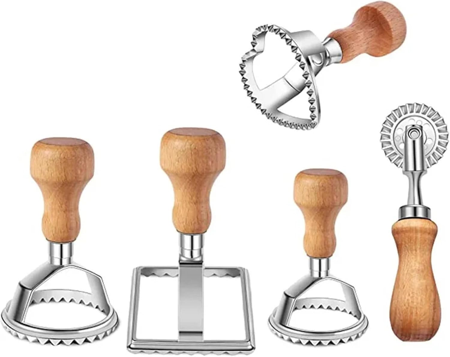 4/5Pcs Ravioli Stamp Maker Cutter Roller Wheel Set with Wooden Handle Fluted Edge Pasta Press Kitchen Baking Tools(5PCS)