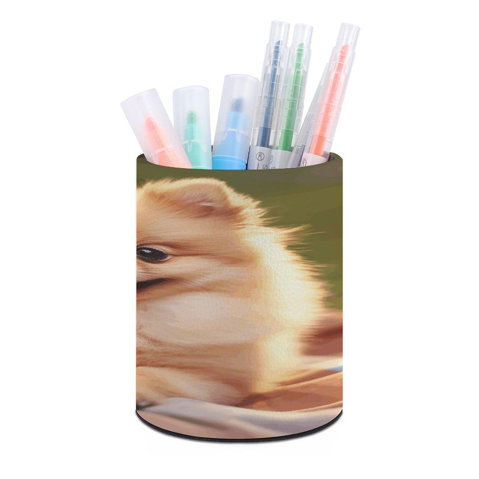 JTREHY Short-haired Pomeranian Pen Holder Round Pen Pencil Holder Makeup Brush Holders Cup PU Leather Pencil Cups Desktop Caddy Stationery Organizer Case Office Accessories Container Box