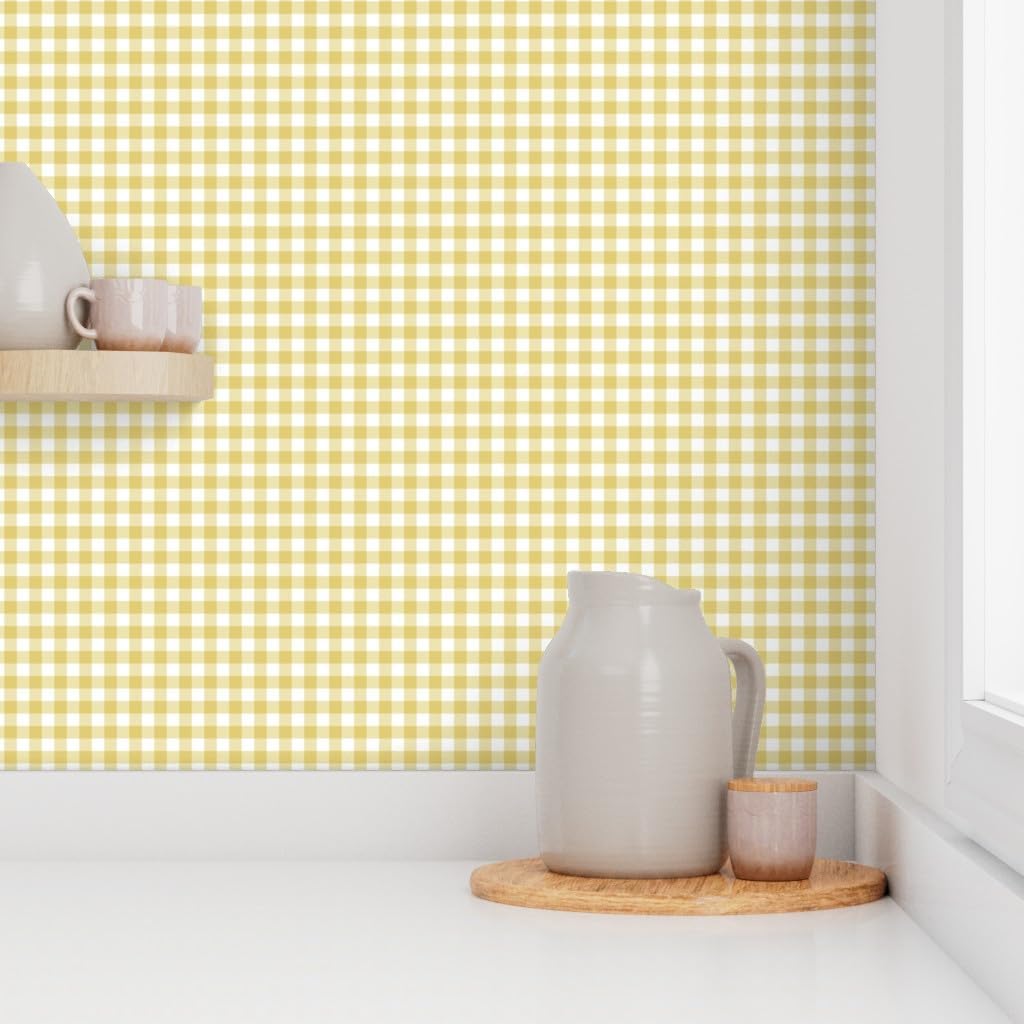 Peel & Stick Wallpaper 3ft x 2ft - Dark Yellow Gingham Cottagecore Checkered Country Farmhouse Spring Summer Vintage Medium Scale Custom Removable Wallpaper by Spoonflower