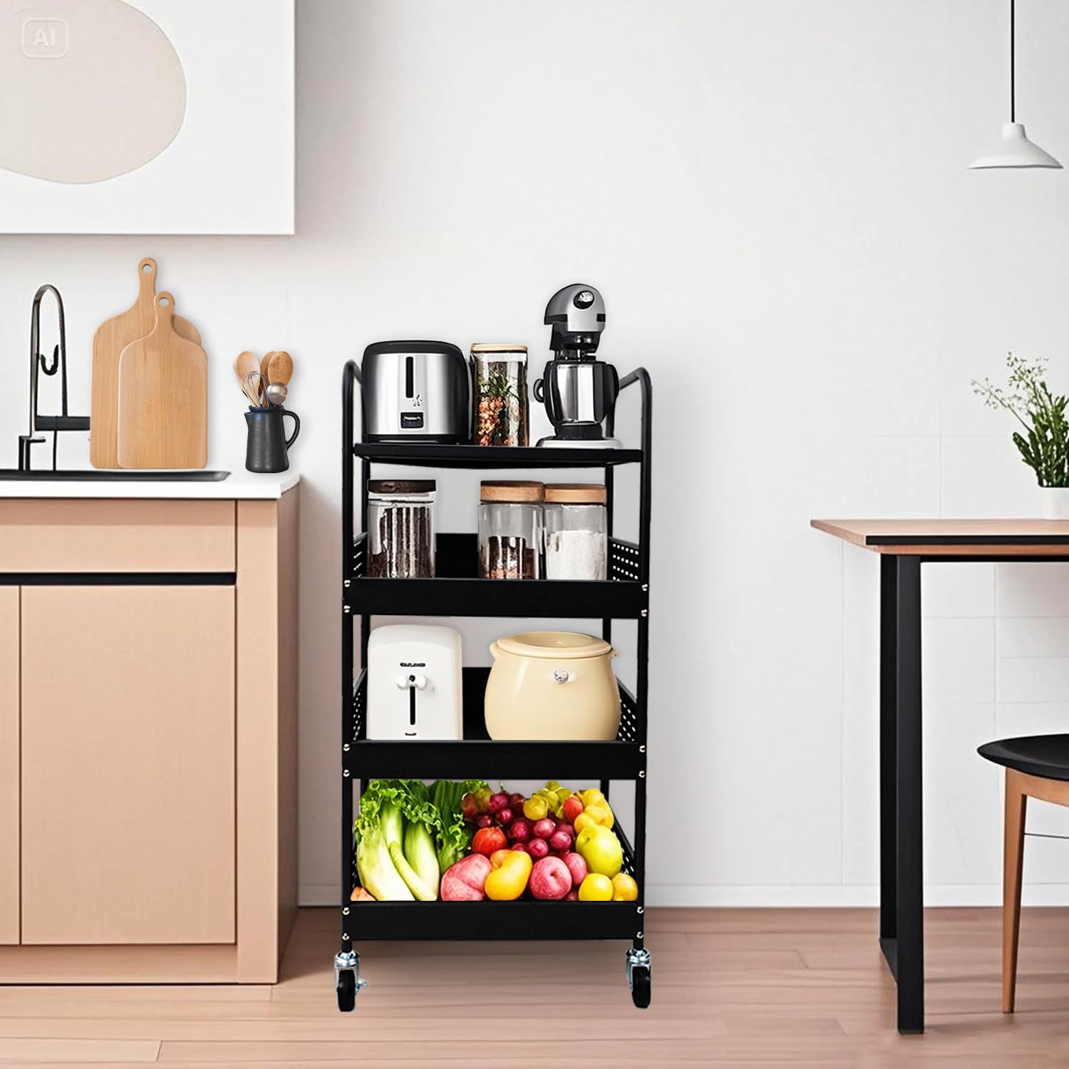 4-Etagen-Rollwagen aus Metall, abschließbare Räder, schwarz | Platzsparender Schwerlast-Rollwagen für Beauty, Basteln, Bücher, Tee, Kunst, Gemüse+Snacks, ideal für Bad, Küche, rollbar.