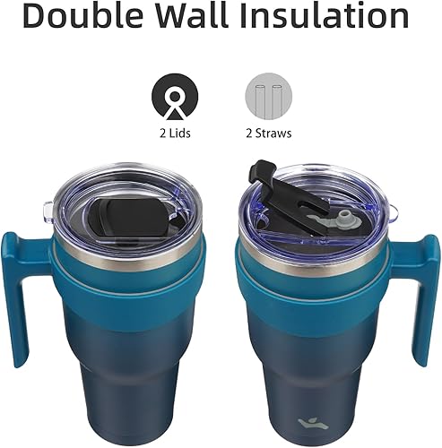 Miniatura 3 de Vaso de 30 onzas con asa y 2 pajillas, 2 tapas, botella de agua aislada de acero inoxidable al vacío, taza de viaje reutilizable, color negro índigo
