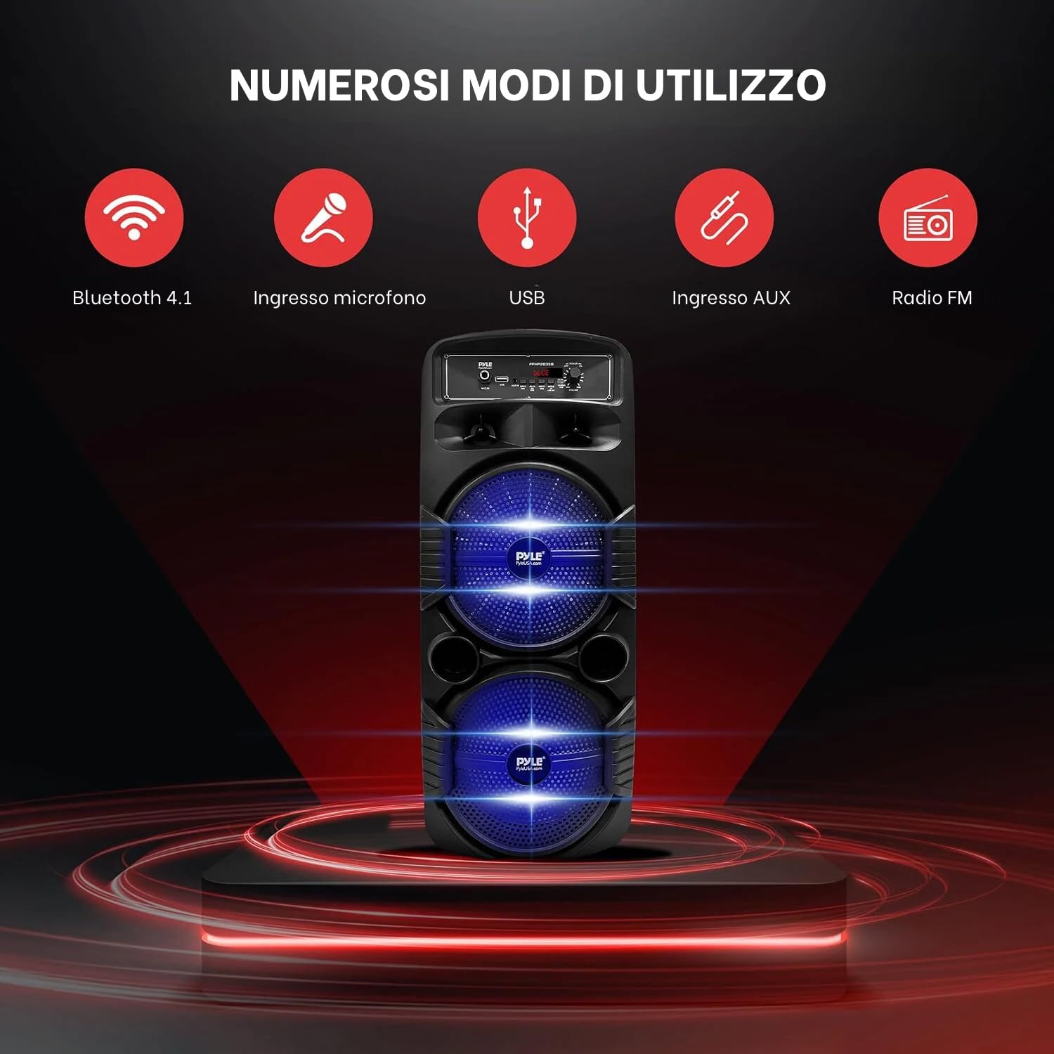 Pyle Cassa Bluetooth Portatile, Sistema PA Ricaricabile 600 Watt, Altoparlante Esterno con Doppio Subwoofer da 20 Centimetri, Tweeter da 2,5 Centimetri, Microfono, Luci