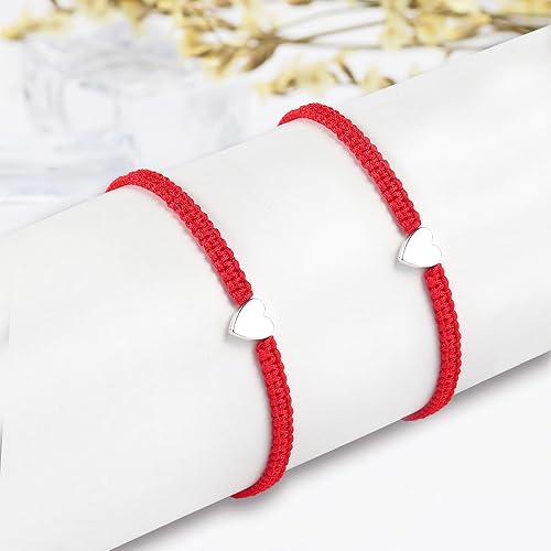 Miniatura 4 de 2 Pcs Red Heart Bracelets, Handmade Woven Thread String Stainless Steel Love Protection Bracelet Adjustable Rope Braided Jewelry for