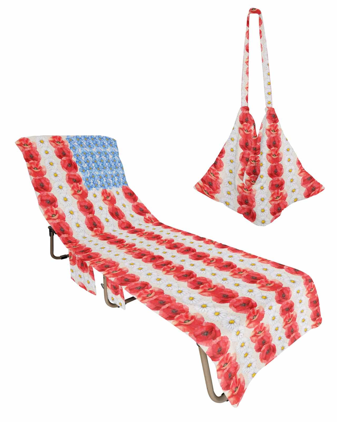 Floral Beach Lounge Chair Towel Cover, Soft Chaise Lounge Towel with Side Pockets Patio Pool Chairs Cover for Beach/Pool Sunbathing 29x85 Red Blue White Daisy Spring Summer Vintage Flower