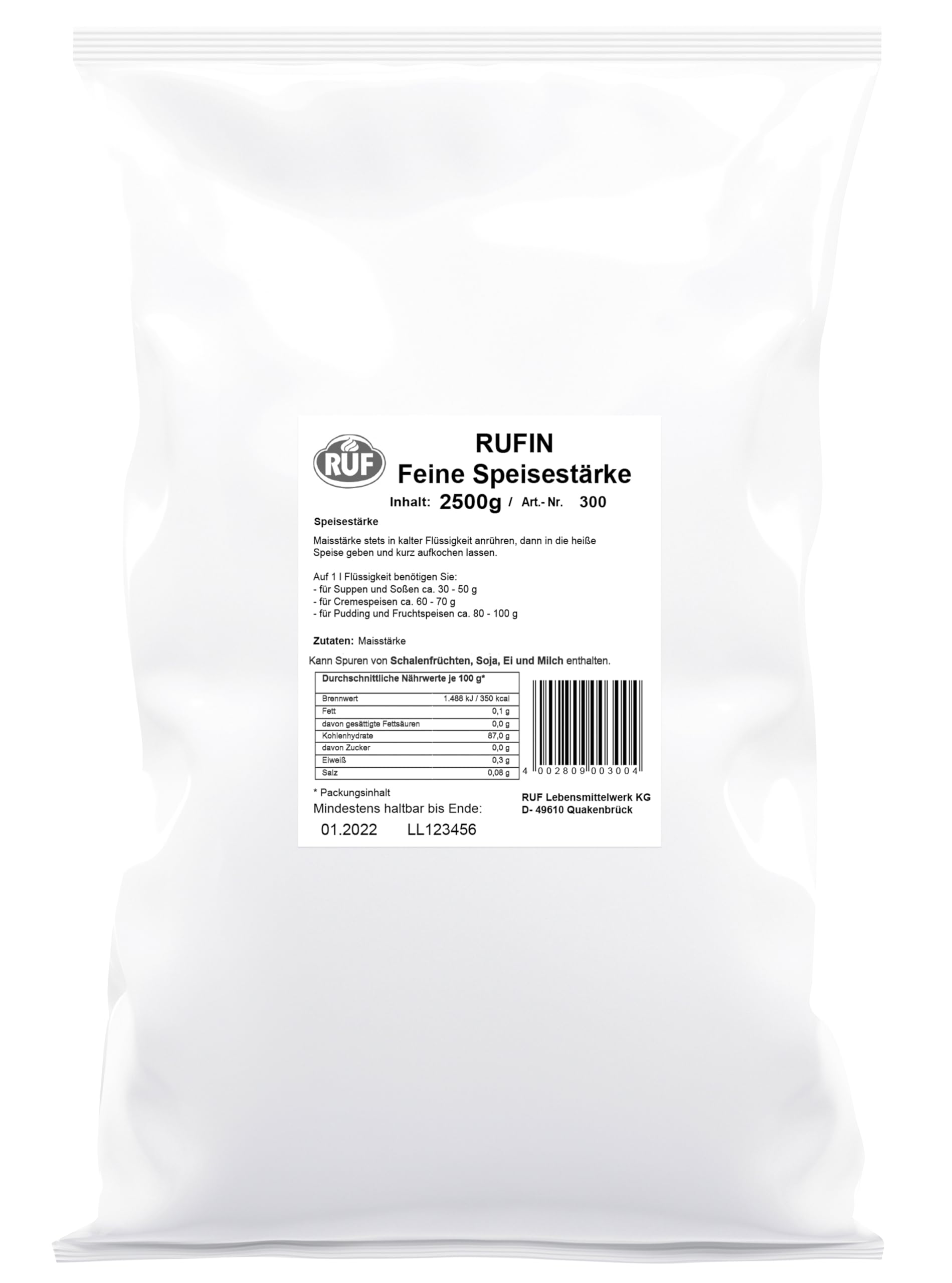 RUF Rufin Speisestärke, Großpackung, Mais-Stärke zum Binden von Saucen, Suppen & Cremes oder zum Auflockern von Kuchen & Torten, glutenfrei, 1 x 2500g