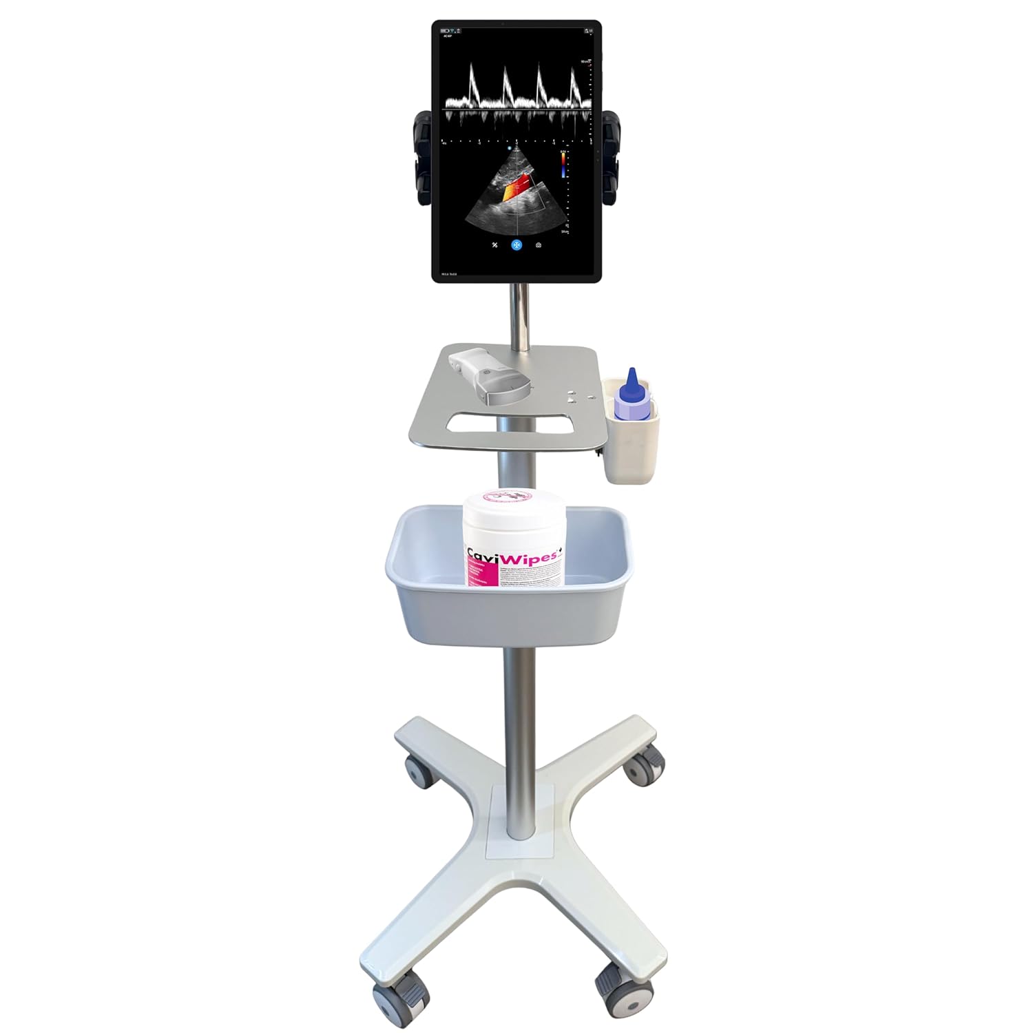 Premium Medical Cart for Handheld Ultrasound, Universal Tablet & iPad Mount, 360° Lockable Wheels, Probe & Gel Bottle Holders