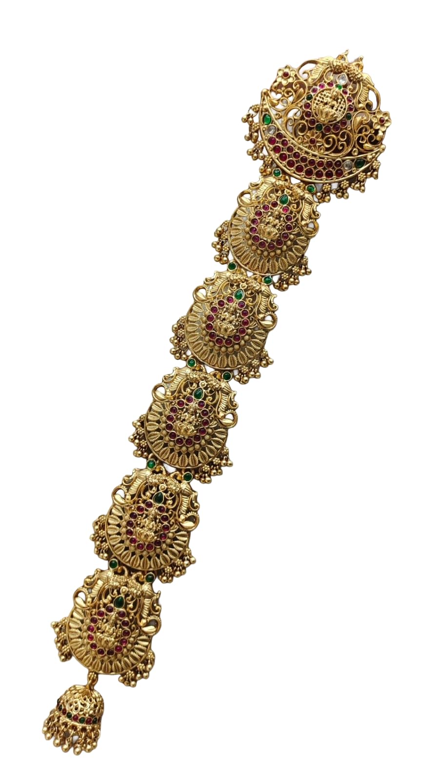 KGR Splash Gold Plated Matt Finish Multicolor Stones Agal Vilaku Design Medium Jada Billai For Hair-image-39