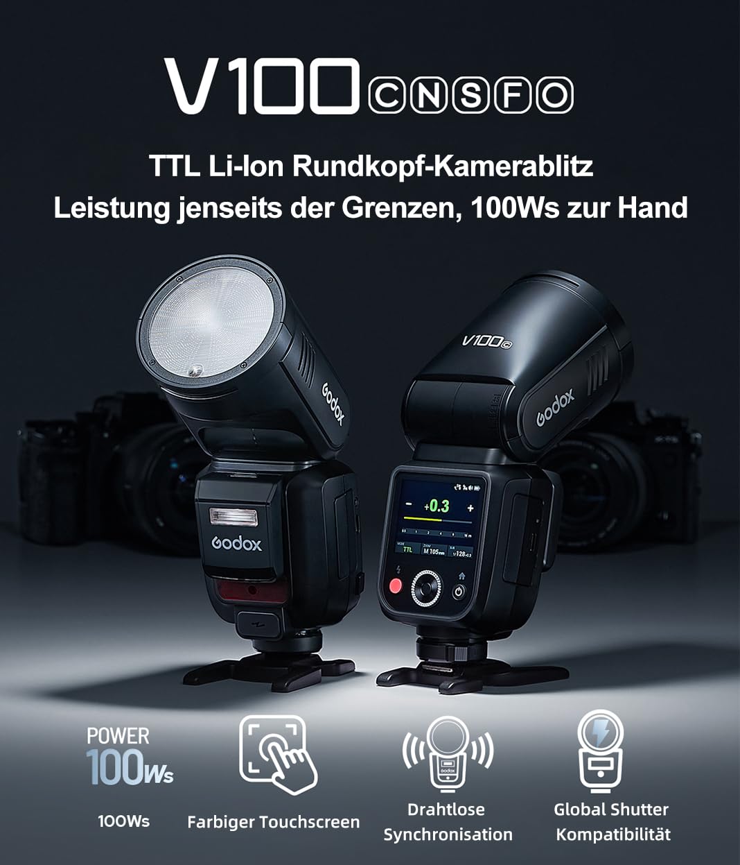 Godox V100 S 100Ws Round Head Touch Screen TTL Flash with 2.4G Wireless X System, Built-in Li-ion Battery, and 10-Level LED Modeling Lamp Compatible for Sony Cameras