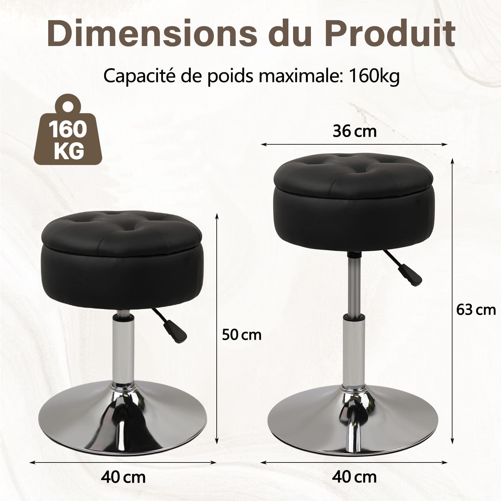 Klasika Tabouret de Coiffeuse avec Rangement, Pivotant à 360° Réglable en Hauteur Tabourets Chaise de Maquillage Rembourré, Rond Vanité Siège pour Chambre à Coucher, Salon, Noir