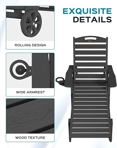 Miniatura 5 de Ciokea - Tumbona de exterior extragrande con 5 posiciones, material de polietileno de alta densidad, con ruedas y portavasos, para patio, piscina,