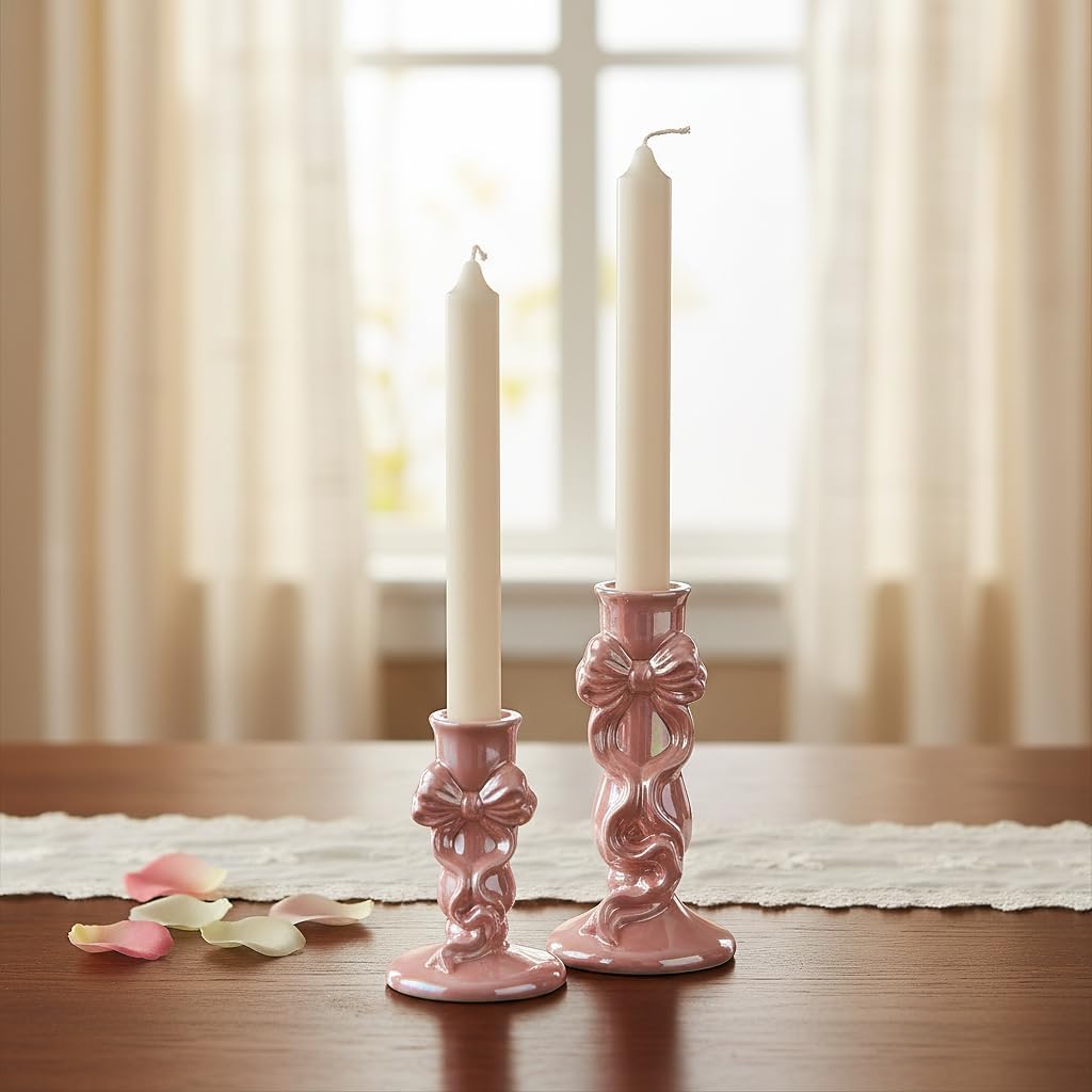 Taper Candle Holders for Candlesticks, Bow Ceramic Candle Holder-Set of 2 Decorative Candle Stand for Wedding, Dinner Table Centerpieces Fireplace Mantle Home Decor, Gift for Mom Women