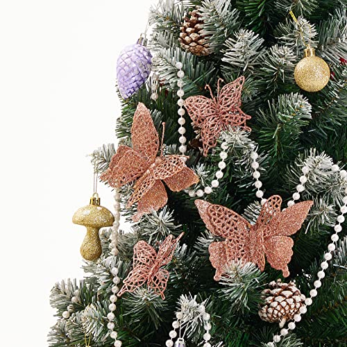 16 Pcs Glitter Christmas Tree Butterfly Ornaments, 2 Styles Hollow Butterfly Christmas Decorations With Clips, Artificial Butterfly Ornaments Decoration For Christmas Tree, Holiday Crafts - Rose Gold #TOP1