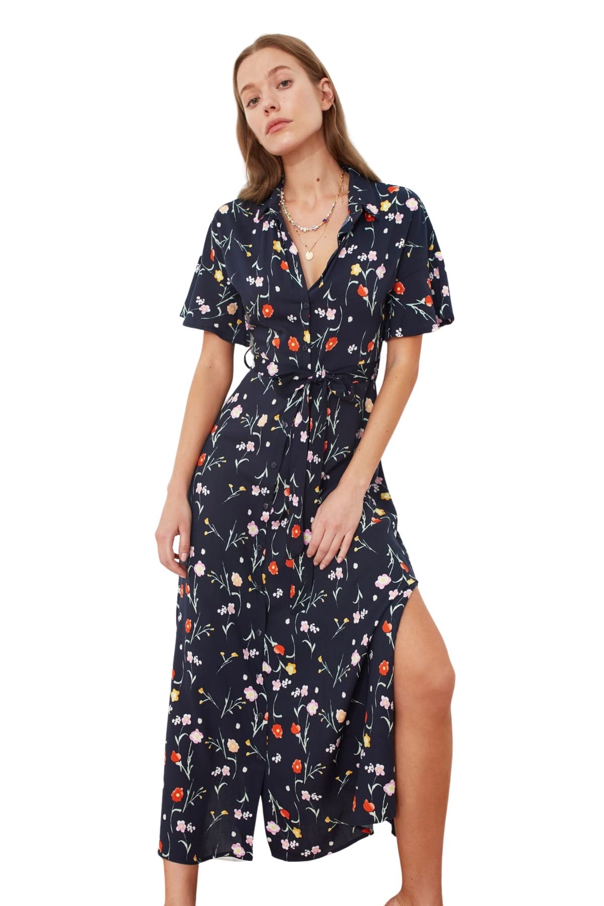 Trendyol Women Midi Shirt Dress Regular fit Woven Dress,Navy Blue,42