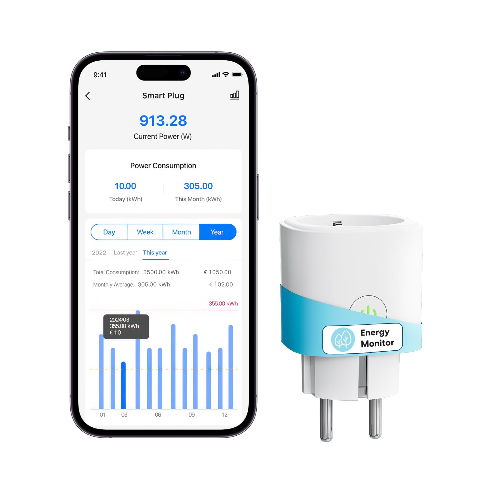 meross Meross Enchufe Inteligente 16A con Mide el Consumo, WiFi Enchufe Alexa con Control Remoto y por Voz, Temporizador, Enchufe Smart Plug Compatible con Alexa, Google Home y SmartThings