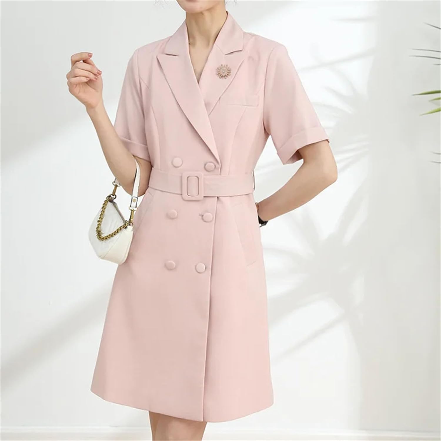 Women's Professional Solid Color Suit Collar Short Sleeve Belt Dress Short Sleeve Suit Dress