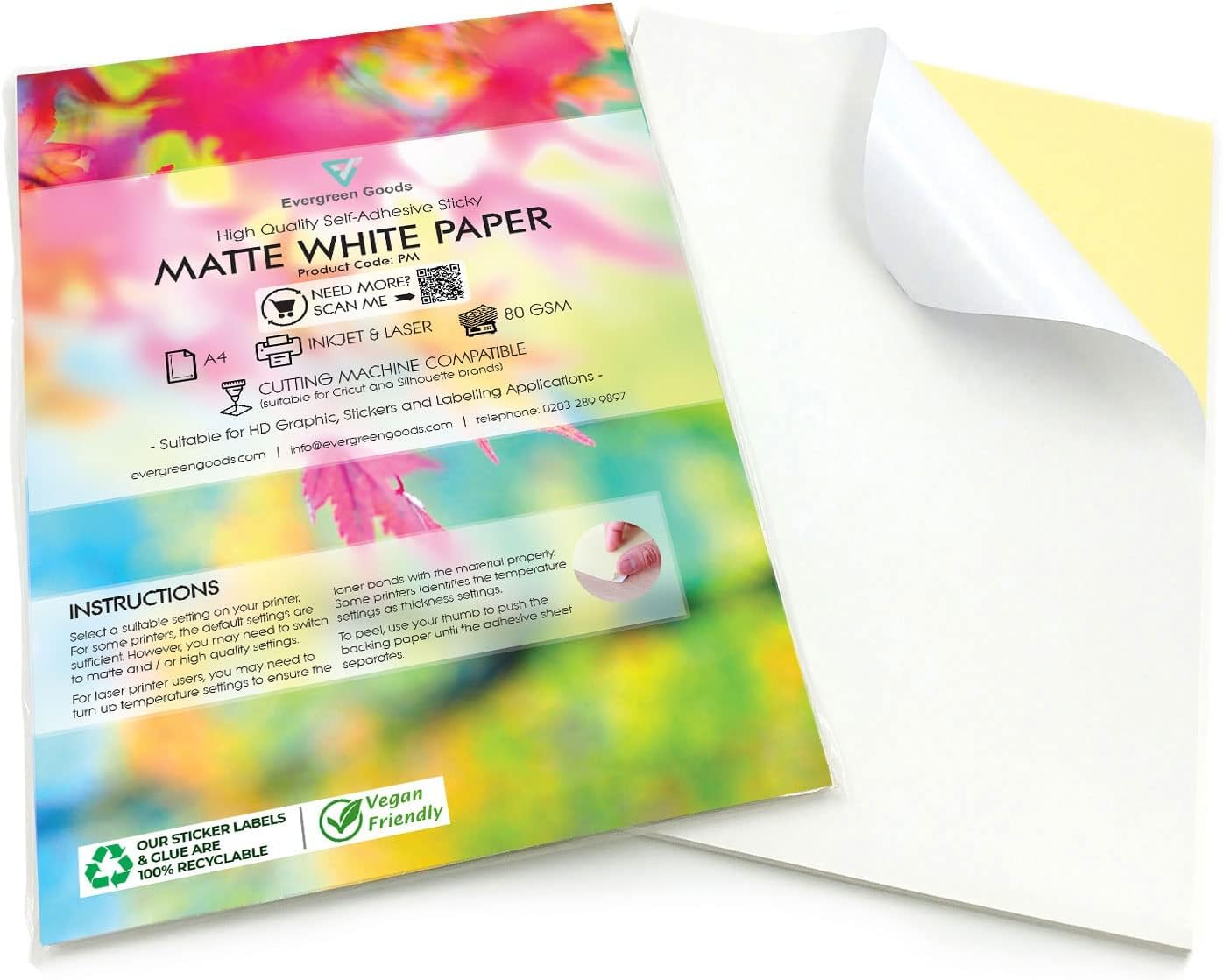 Evergreen Goods Ltd 500 Sheets A4 White Self Adhesive Matte Sticker Papers | Durable Photo Paper for Inkjet and Laser Printers | Sticky Back Printing Paper Perfect for Customisable Universal Labels